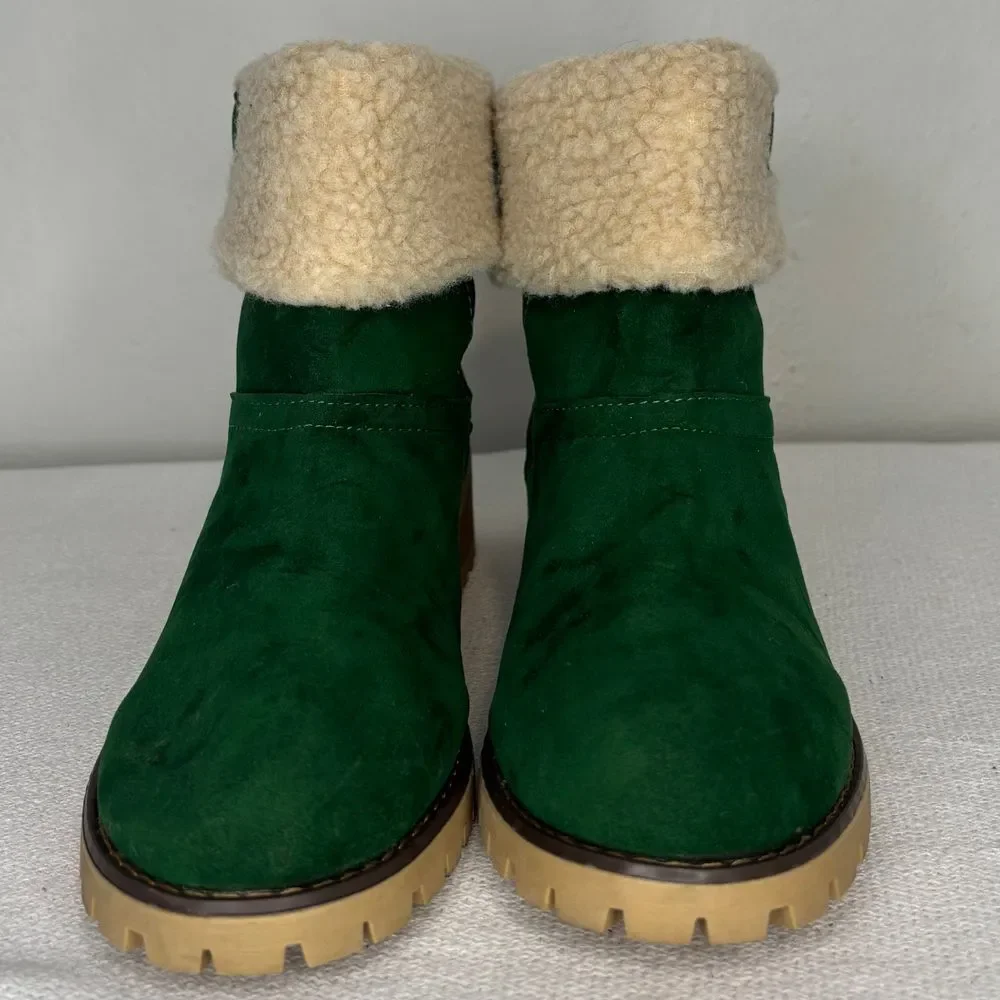 Green Ankle Boots Christmas Holiday Fuzzy Sherpa Heel Sz 9.5 Women's Winter Boot
